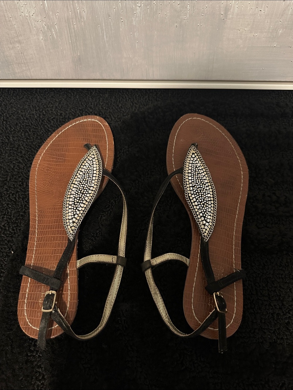 Beaded Black and Brown Women’s T-Strap Sandals